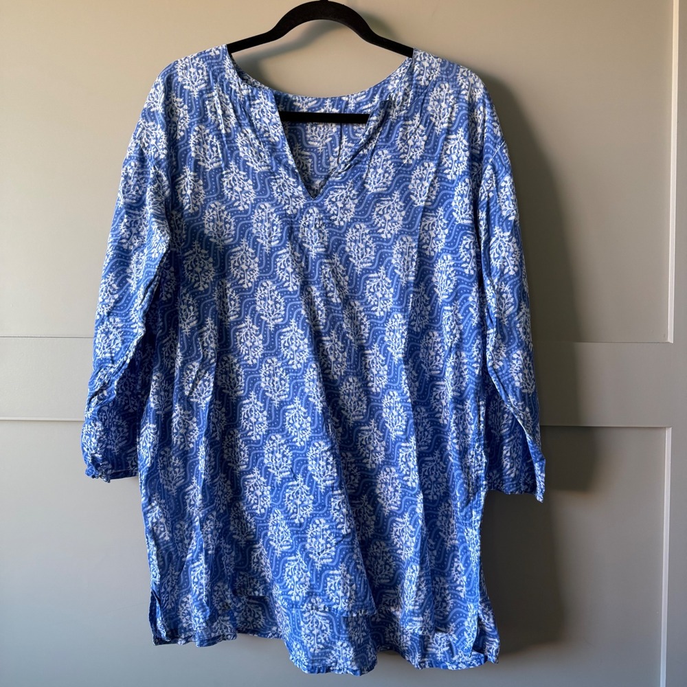 Block Print Tunic Women XL Blue White V-Neck Cotton 3/4 Sleeve Floral Coastal